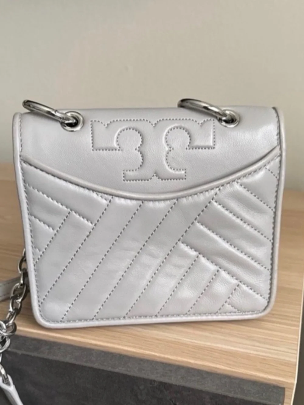 Tory Burch White Quilted Leather Mini Crossbody with Chain Strap
